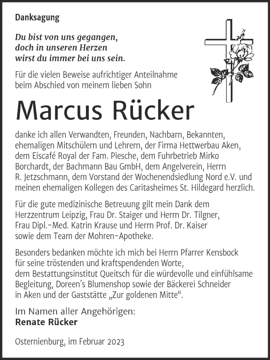 Traueranzeige von Marcus Rücker von Trauerkombi Köthen