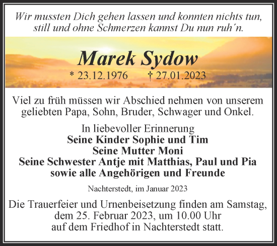 Traueranzeige von Marek Sydow von Trauerkombi Aschersleben