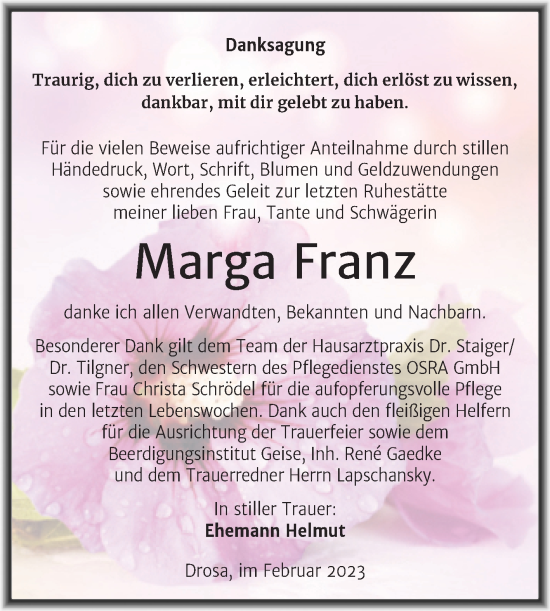 Traueranzeige von Marga Franz von Trauerkombi Köthen
