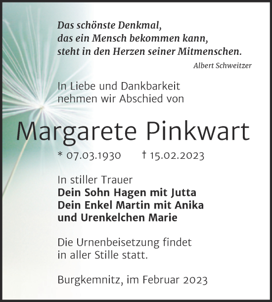 Traueranzeige von Margarete Pinkwart von Trauerkombi Bitterfeld