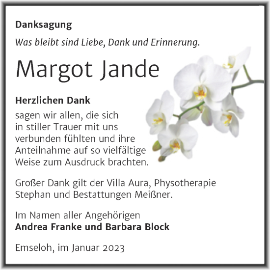 Traueranzeige von Margot Jande von Trauerkombi Sangerhausen