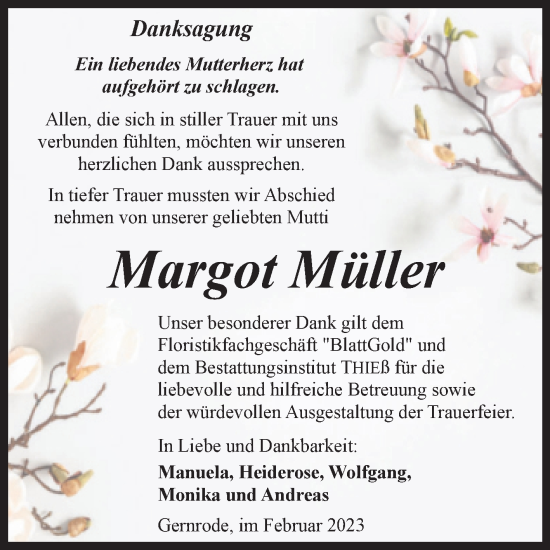 Traueranzeige von Margot Müller von Trauerkombi Quedlinburg