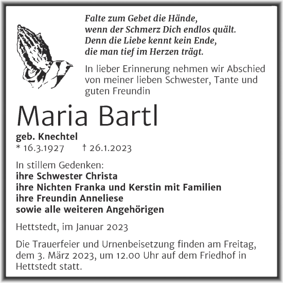 Traueranzeige von Maria Bartl von Trauerkombi Mansfelder Land