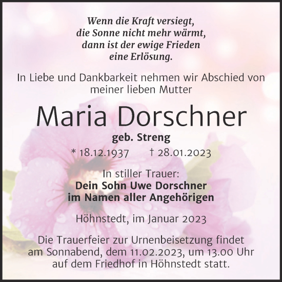 Traueranzeige von Maria Dorschner von Mitteldeutsche Zeitung Halle/Saalkreis