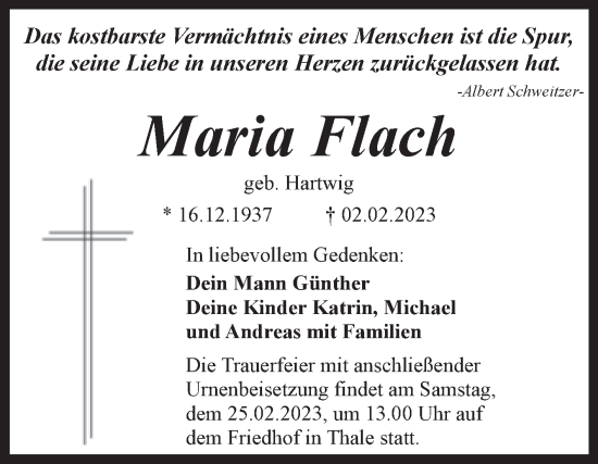 Traueranzeige von Maria Flach von Trauerkombi Quedlinburg