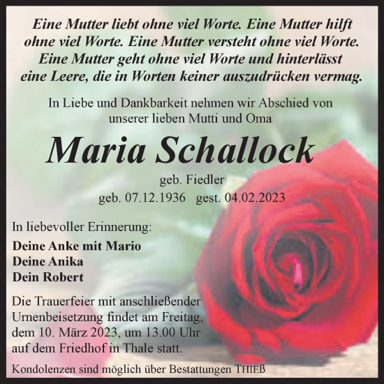 Traueranzeige von Maria Schallock von Trauerkombi Quedlinburg