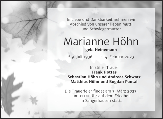 Traueranzeige von Marianne Höhn von Trauerkombi Sangerhausen