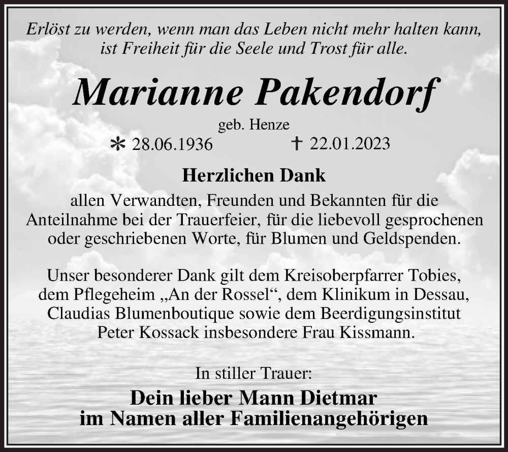  Traueranzeige für Marianne Pakendorf vom 18.02.2023 aus Trauerkombi Dessau