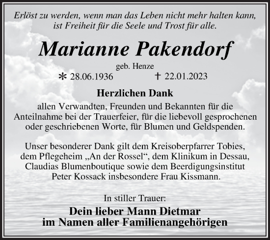 Traueranzeige von Marianne Pakendorf von Trauerkombi Dessau