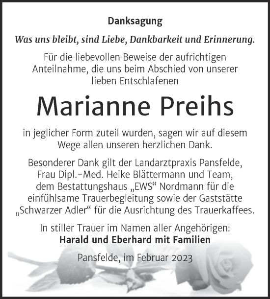 Traueranzeige von Marianne Preihs von Trauerkombi Quedlinburg