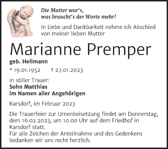 Traueranzeige von Marianne Premper von Wochenspiegel Naumburg/Nebra