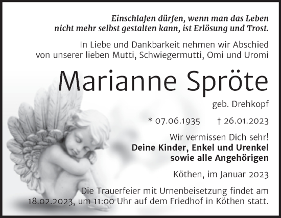 Traueranzeige von Marianne Spröte von Trauerkombi Köthen