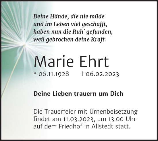 Traueranzeige von Marie Ehrt von Trauerkombi Sangerhausen