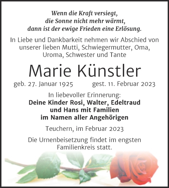 Traueranzeige von Marie Künstler von Trauerkombi Weißenfels