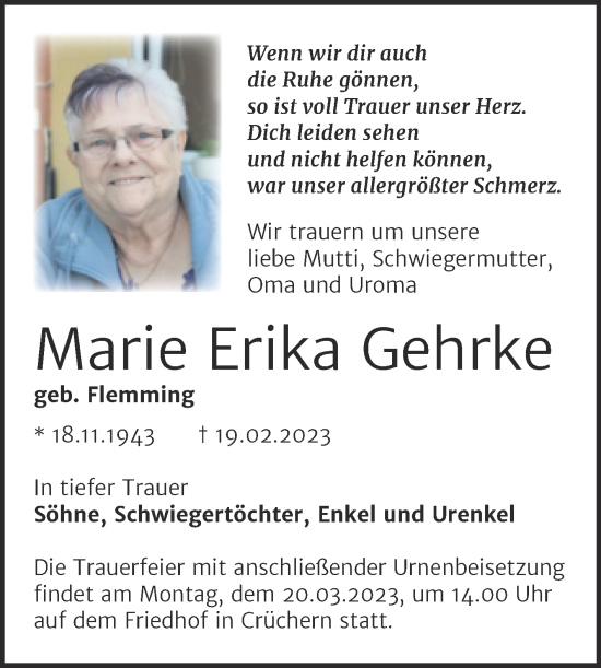 Traueranzeige von Marie Erika Gehrke von Trauerkombi Bernburg
