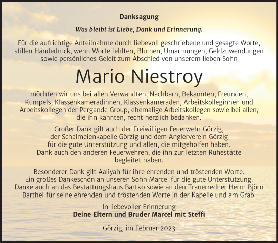 Traueranzeige von Mario Niestroy von Trauerkombi Köthen