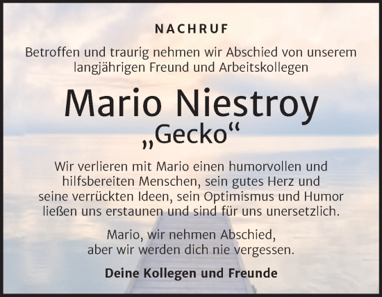 Traueranzeige von Mario Niestroy von Trauerkombi Köthen