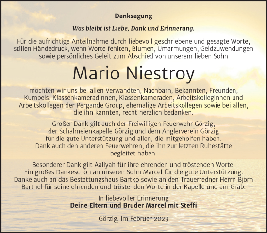 Traueranzeige von Mario Niestroy von Trauerkombi Köthen