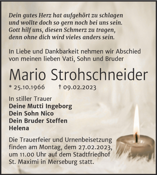 Traueranzeige von Mario Strohschneider von Trauerkombi Merseburg