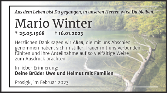 Traueranzeige von Mario Winter von Trauerkombi Köthen