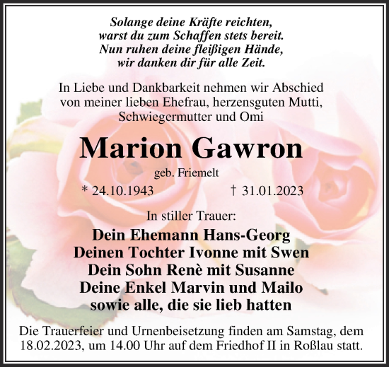 Traueranzeige von Marion Gawron von Trauerkombi Dessau