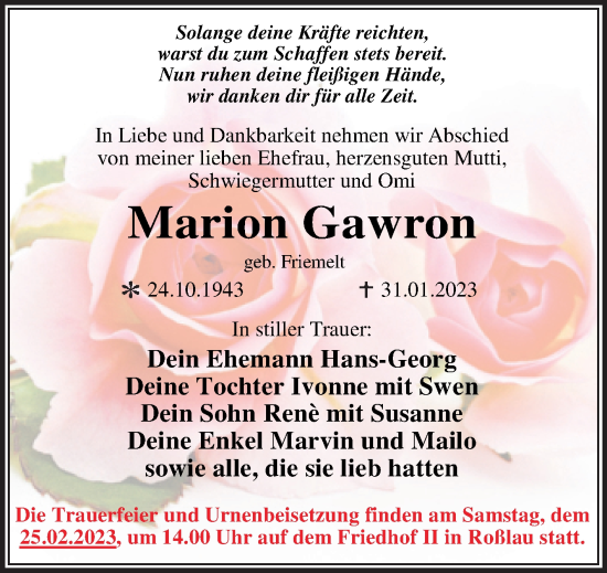 Traueranzeige von Marion Gawron von Trauerkombi Dessau