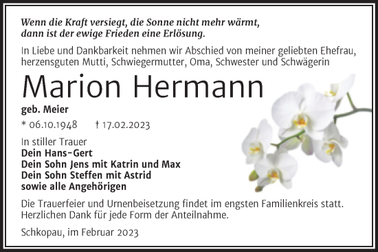 Traueranzeige von Marion Hermann von Trauerkombi Merseburg