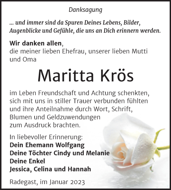 Traueranzeige von Maritta Krös von Trauerkombi Köthen