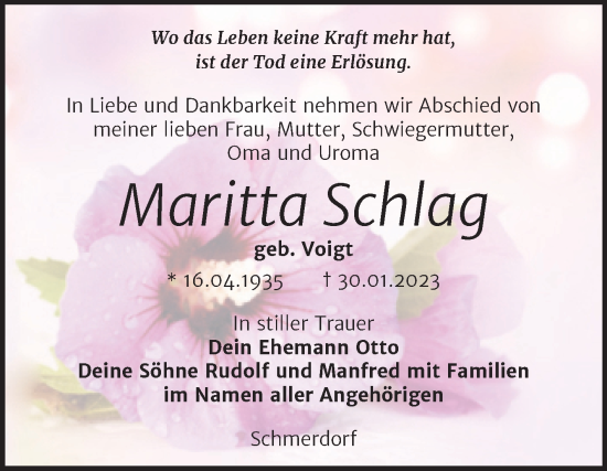 Traueranzeige von Maritta Schlag von Wochenspiegel Naumburg/Nebra