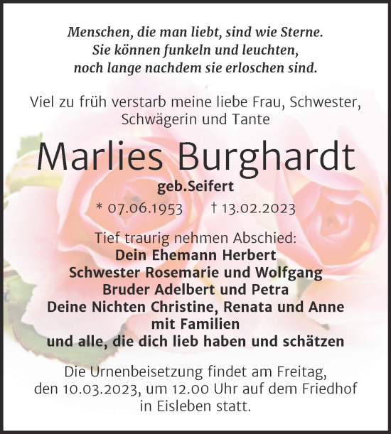 Traueranzeige von Marlies Burghardt von Trauerkombi Mansfelder Land