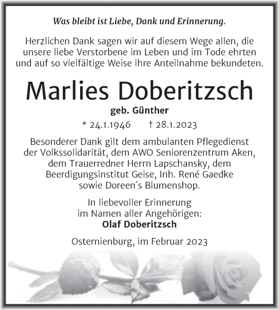 Traueranzeige von Marlies Doberitzsch von Trauerkombi Köthen