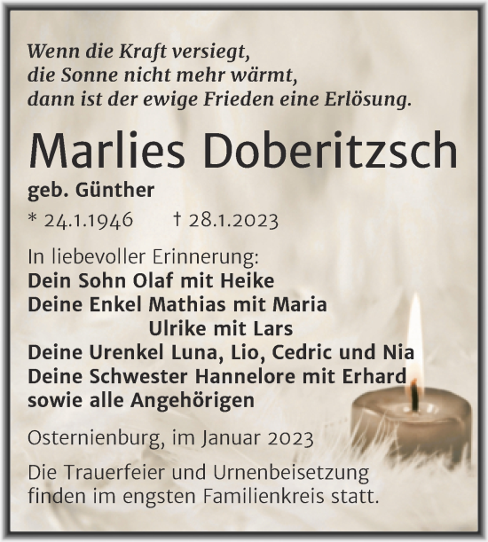 Traueranzeige von Marlies Doberitzsch von Trauerkombi Köthen