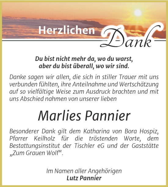 Traueranzeige von Marlies Pannier von Trauerkombi Wittenberg