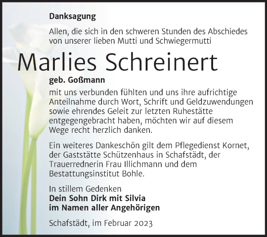 Traueranzeige von Marlies Schreinert von Trauerkombi Merseburg