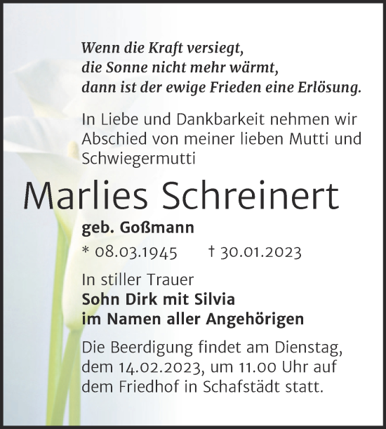 Traueranzeige von Marlies Schreinert von Trauerkombi Merseburg