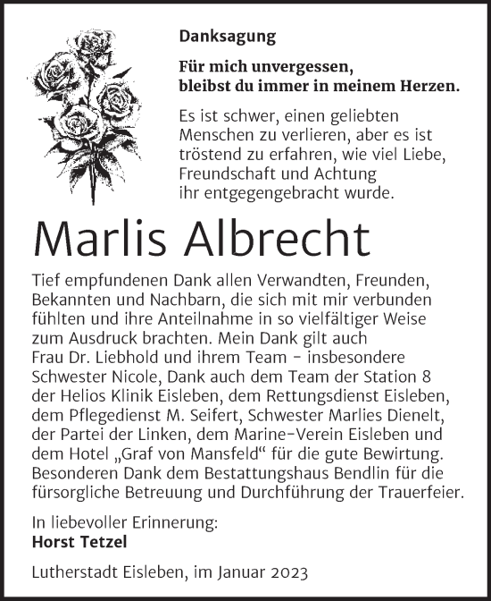 Traueranzeige von Marlis Albrecht von Trauerkombi Mansfelder Land