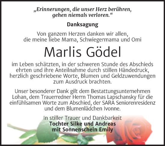 Traueranzeige von Marlis Gödel von Trauerkombi Bitterfeld