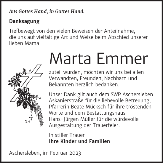 Traueranzeige von Marta Emmer von Trauerkombi Aschersleben