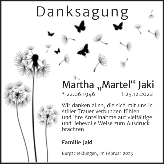 Traueranzeige von Martha Jaki von Wochenspiegel Naumburg/Nebra
