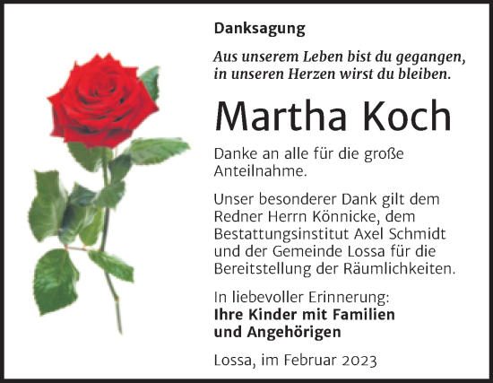 Traueranzeige von Martha Koch von Wochenspiegel Naumburg/Nebra