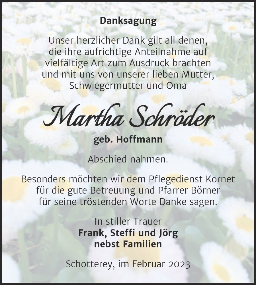 Traueranzeige für Martha Schröder vom 11.02.2023 aus Trauerkombi Merseburg