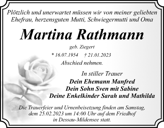 Traueranzeige von Martina Rathmann von Trauerkombi Dessau