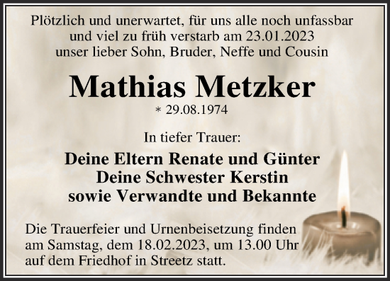 Traueranzeige von Mathias Metzker von Trauerkombi Dessau