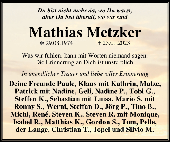 Traueranzeige von Mathias Metzker von Trauerkombi Dessau