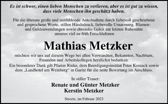 Traueranzeige von Mathias Metzker von Trauerkombi Dessau
