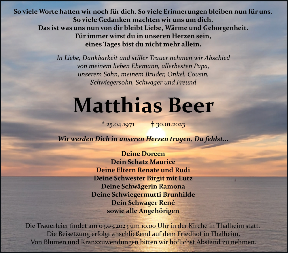  Traueranzeige für Matthias Beer vom 18.02.2023 aus Trauerkombi Bitterfeld