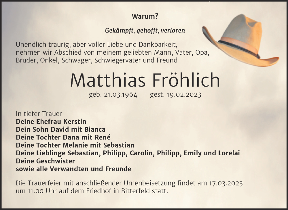  Traueranzeige für Matthias Fröhlich vom 25.02.2023 aus Trauerkombi Bitterfeld