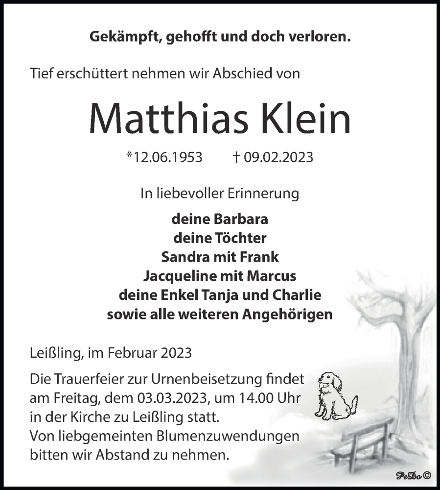  Traueranzeige für Matthias Klein vom 18.02.2023 aus Trauerkombi Weißenfels