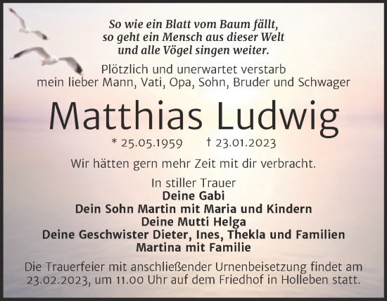 Traueranzeige von Matthias Ludwig von Mitteldeutsche Zeitung Halle/Saalkreis