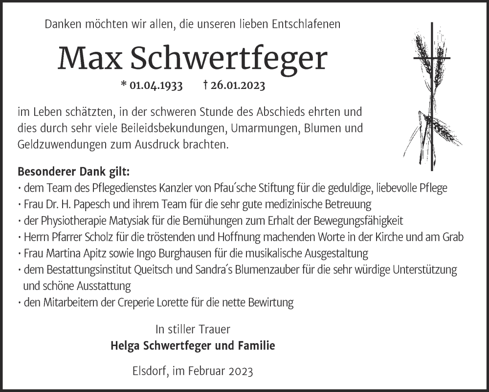  Traueranzeige für Max Schwertfeger vom 18.02.2023 aus Trauerkombi Köthen